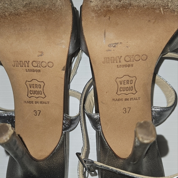 Jimmy Choo London Gray Silver Leather & Satin Crystal Evening Sandals Sz 37 - Picture 5 of 9